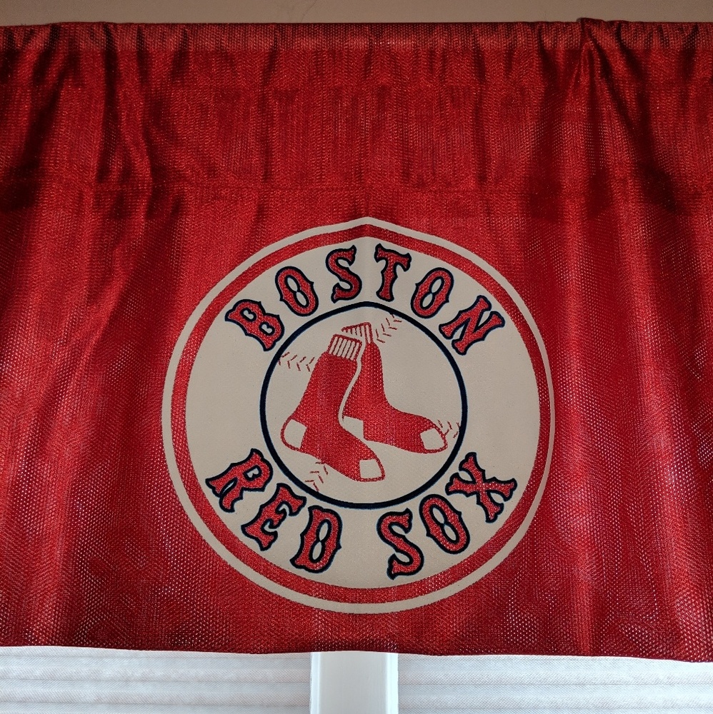 Red Sox shirr red curtains and valance